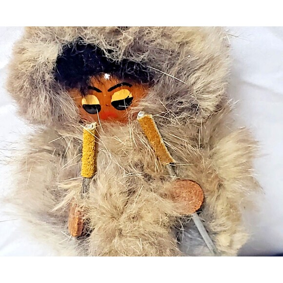 Vintage Polish Skier Doll Real Fur Hood Hand Painted Face Leather Suede - Picture 5 of 16